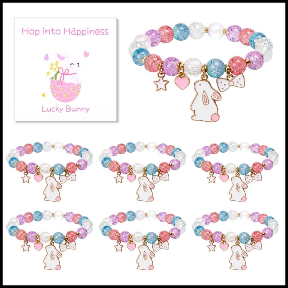 Stretch Bracelets Set of 6 Bunny Charm Adjustable Stackable Trendy Jewelry